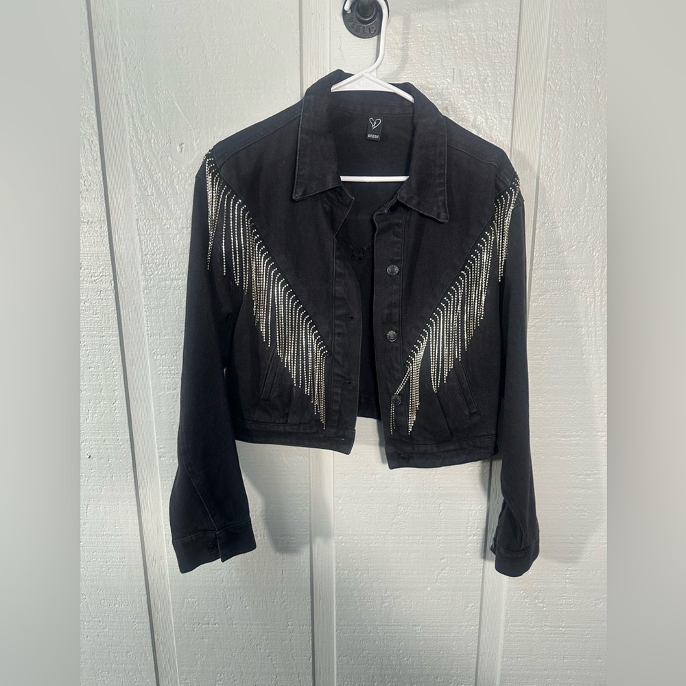 Windsor Black Denim Silver Fringe Jacket Size Small EUC